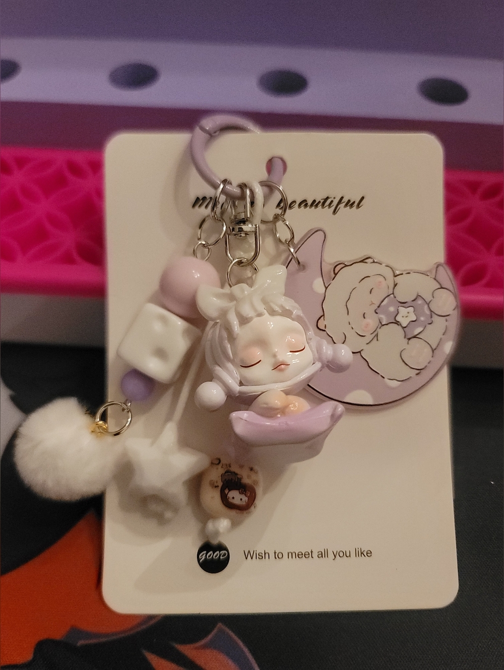 NWT- Cusrom Skull Panda Themed Cute Lavender Sleeping Girl Keychain Charm - Picture 2 of 6
